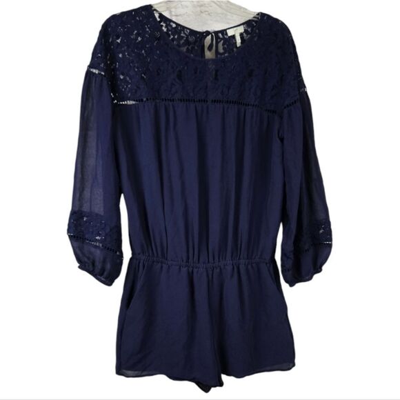 Joie Navy Jevin Silk Romper Pockets Long Sheer Sleeves Floral Lace Short Jumper - Picture 14 of 15
